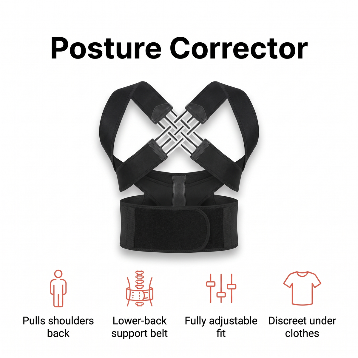 Adjustable posture corrector with shoulder straps and lower-back belt