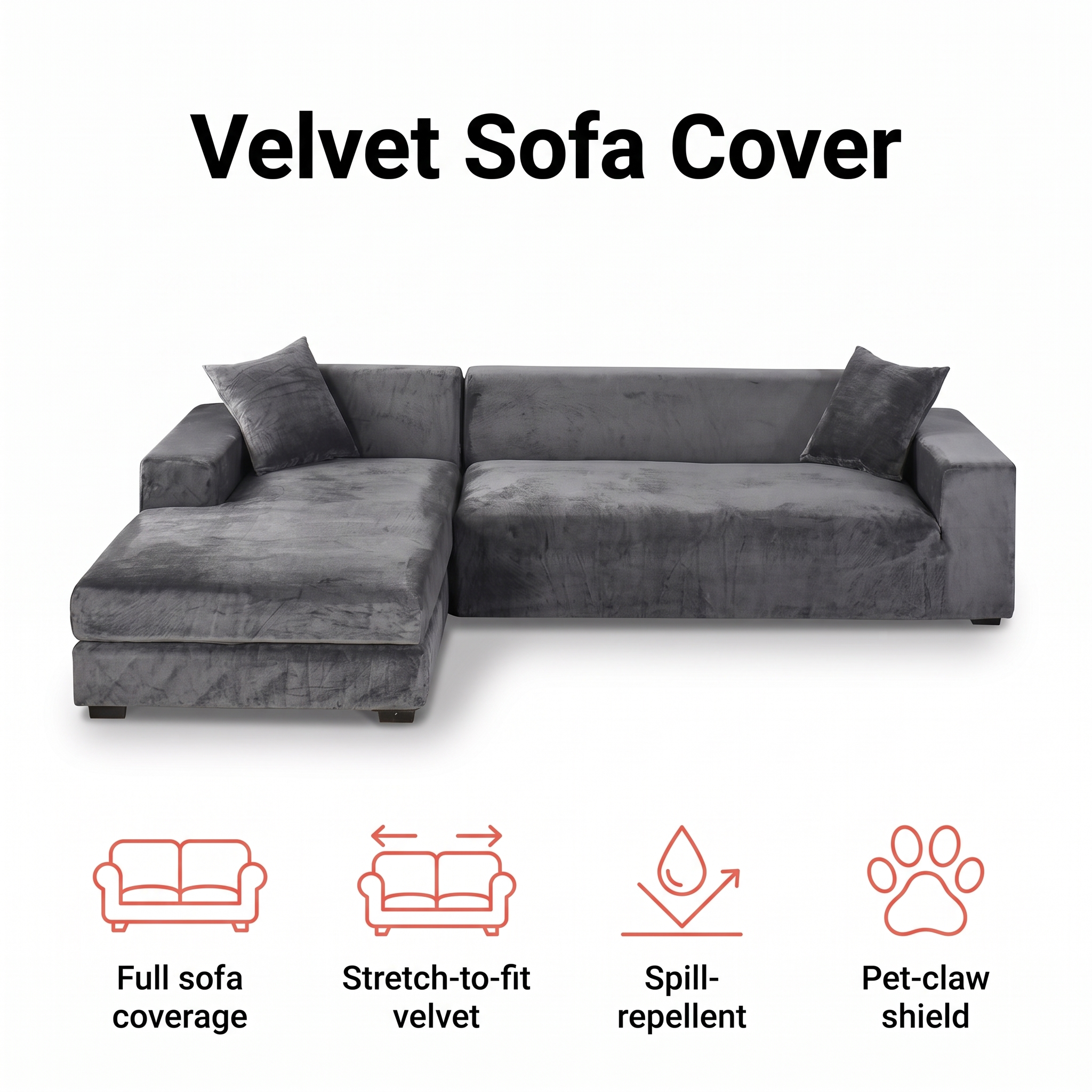Stretch velvet sofa cover, spill-repellent and pet-friendly