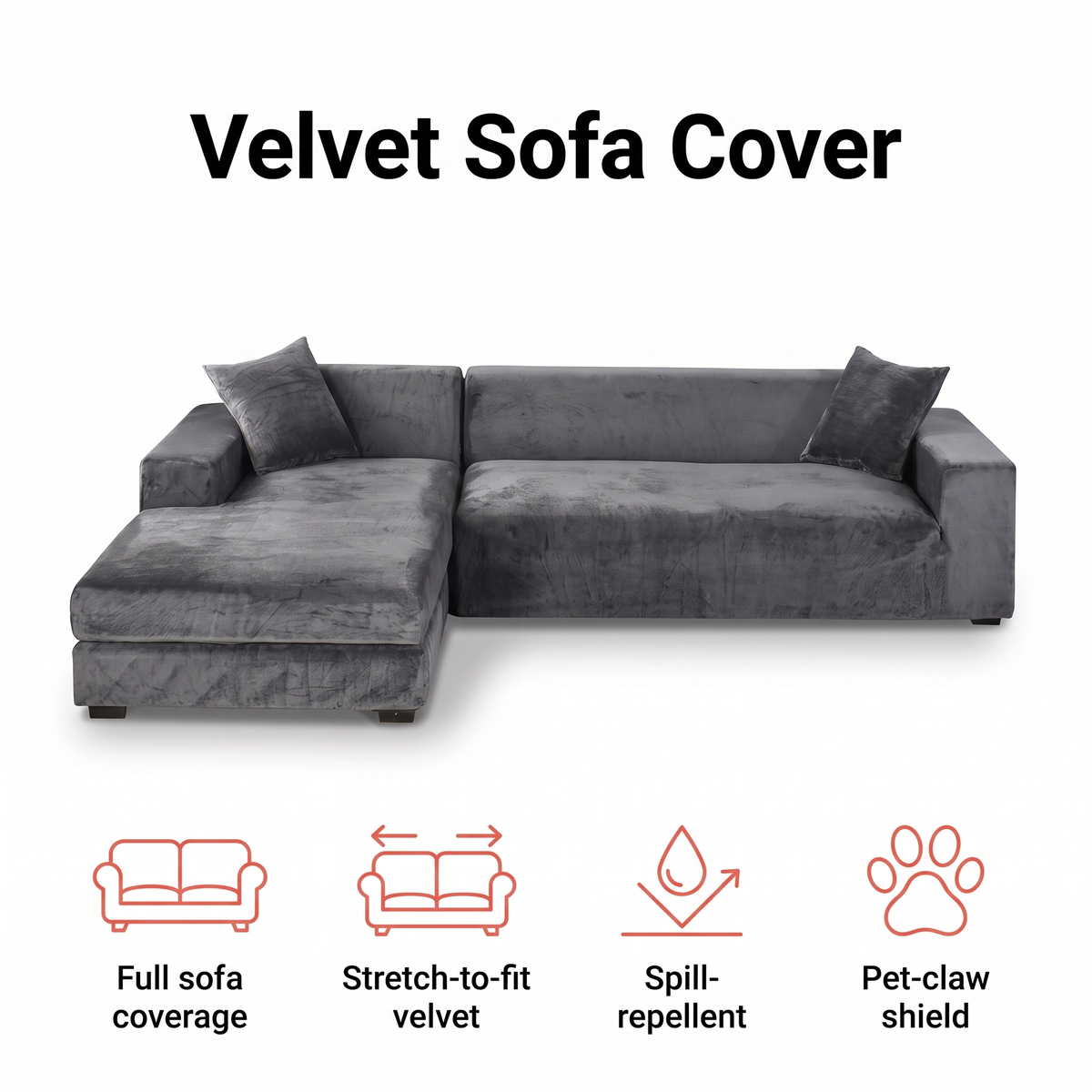 Stretch velvet sofa cover, spill-repellent and pet-friendly