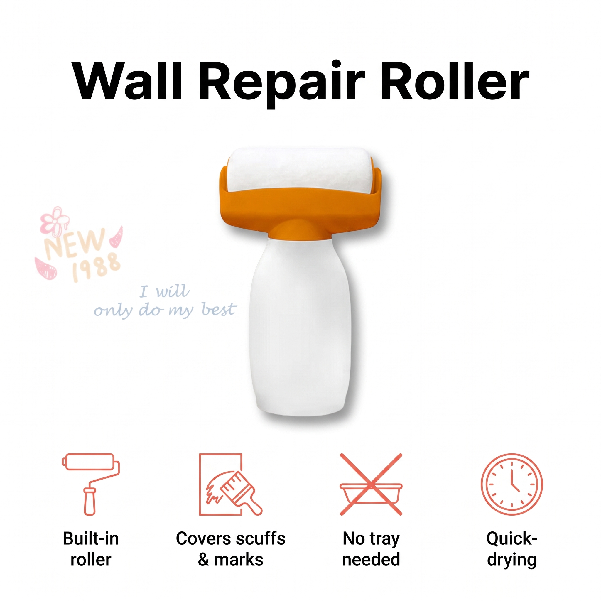 Wall touch-up paint roller that covers scuffs and marks