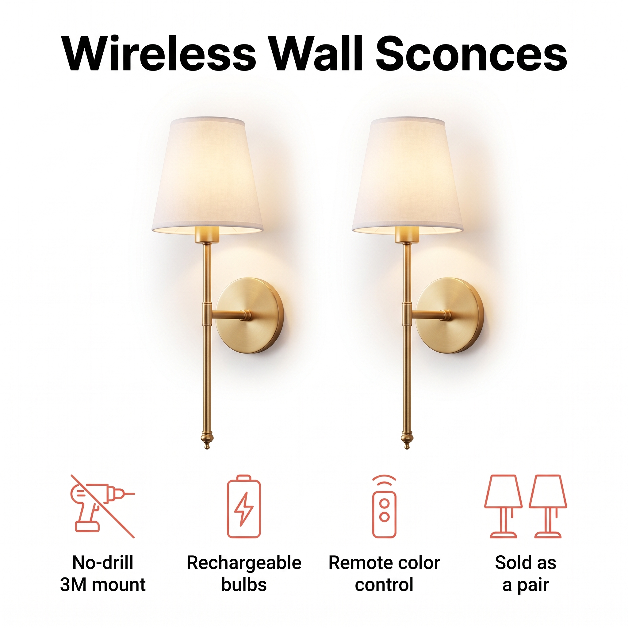 Set of 2 wireless wall sconces with remote and no-drill mount