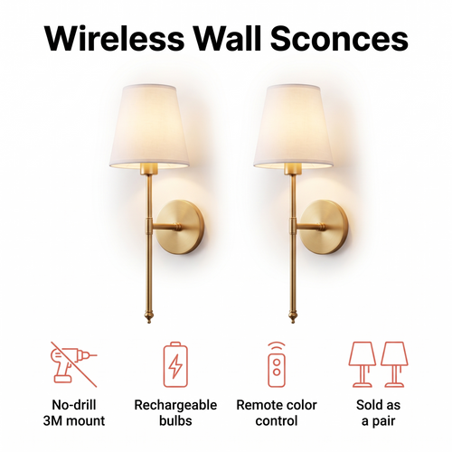 Set of 2 wireless wall sconces with remote and no-drill mount