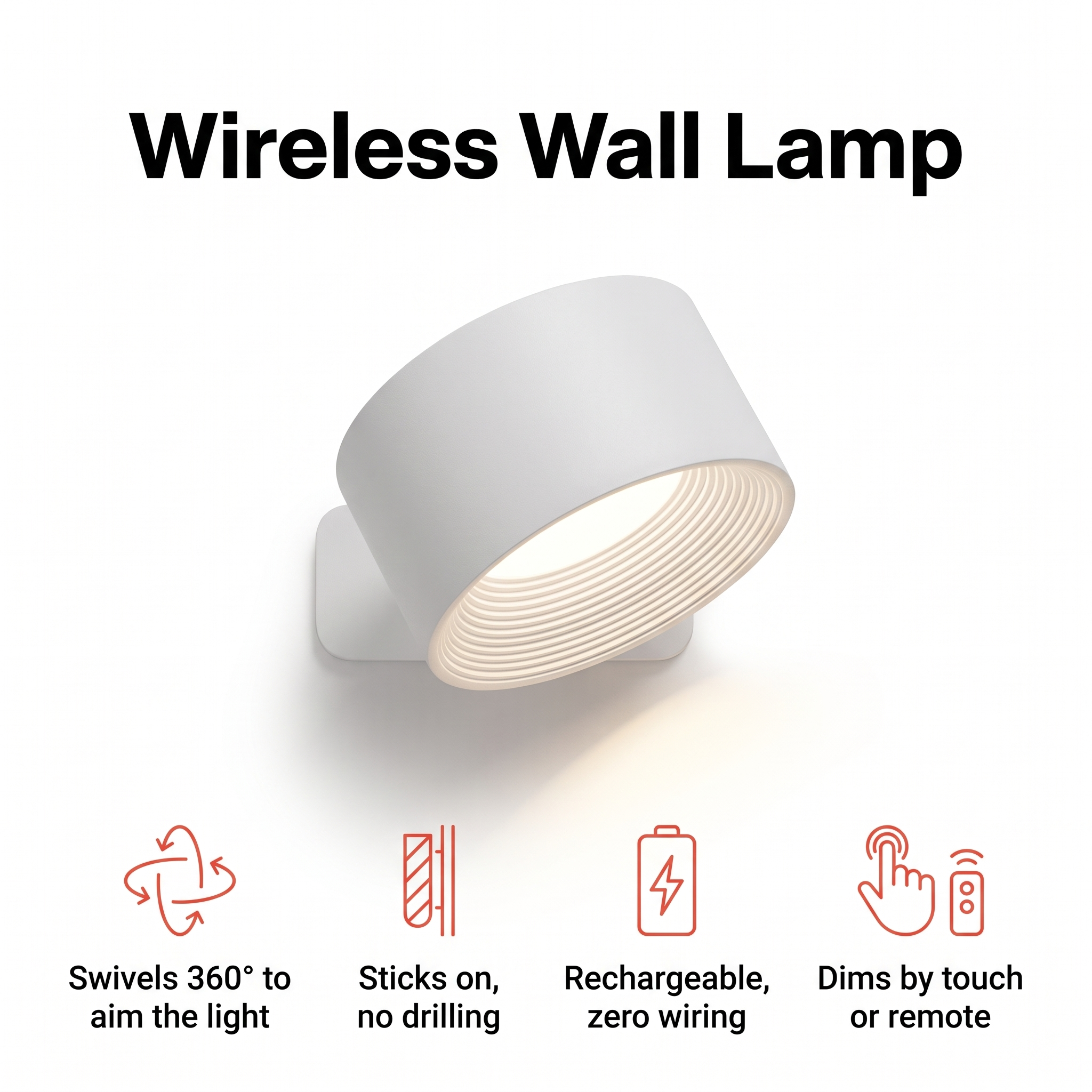 Wireless wall lamp with 360° swivel head, stick-on mount and touch dimming