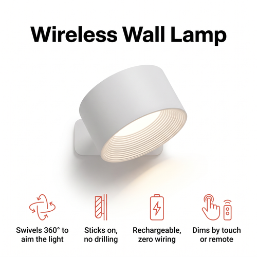 Wireless wall lamp with 360° swivel head, stick-on mount and touch dimming